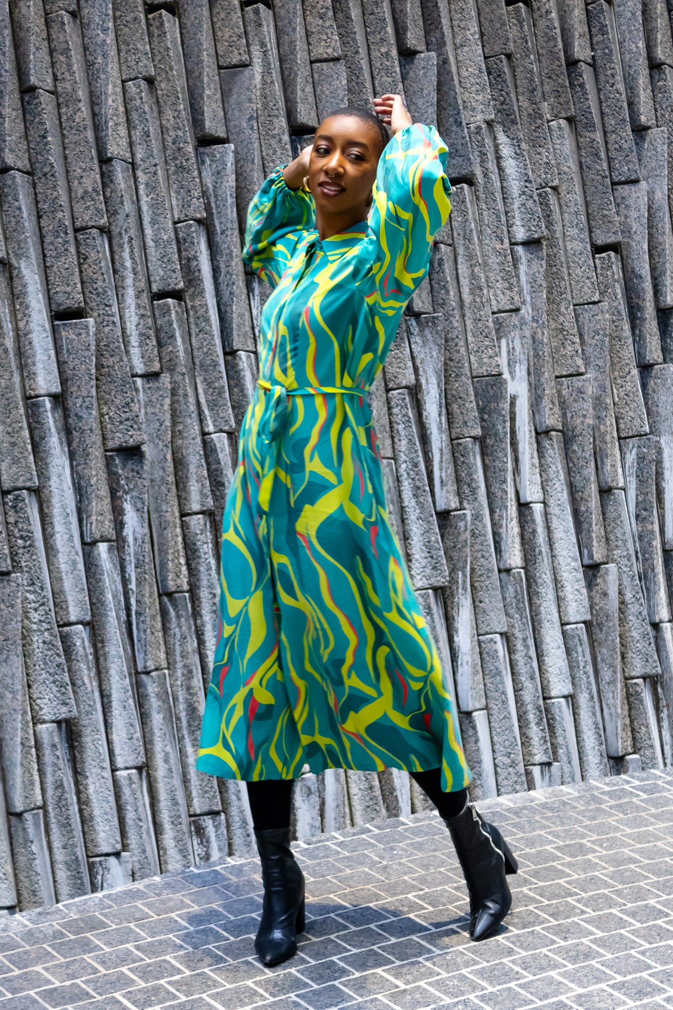 Briy, 6'2", wears the Robyn Bandele abstract printed Denver shirt dress, made for tall women.