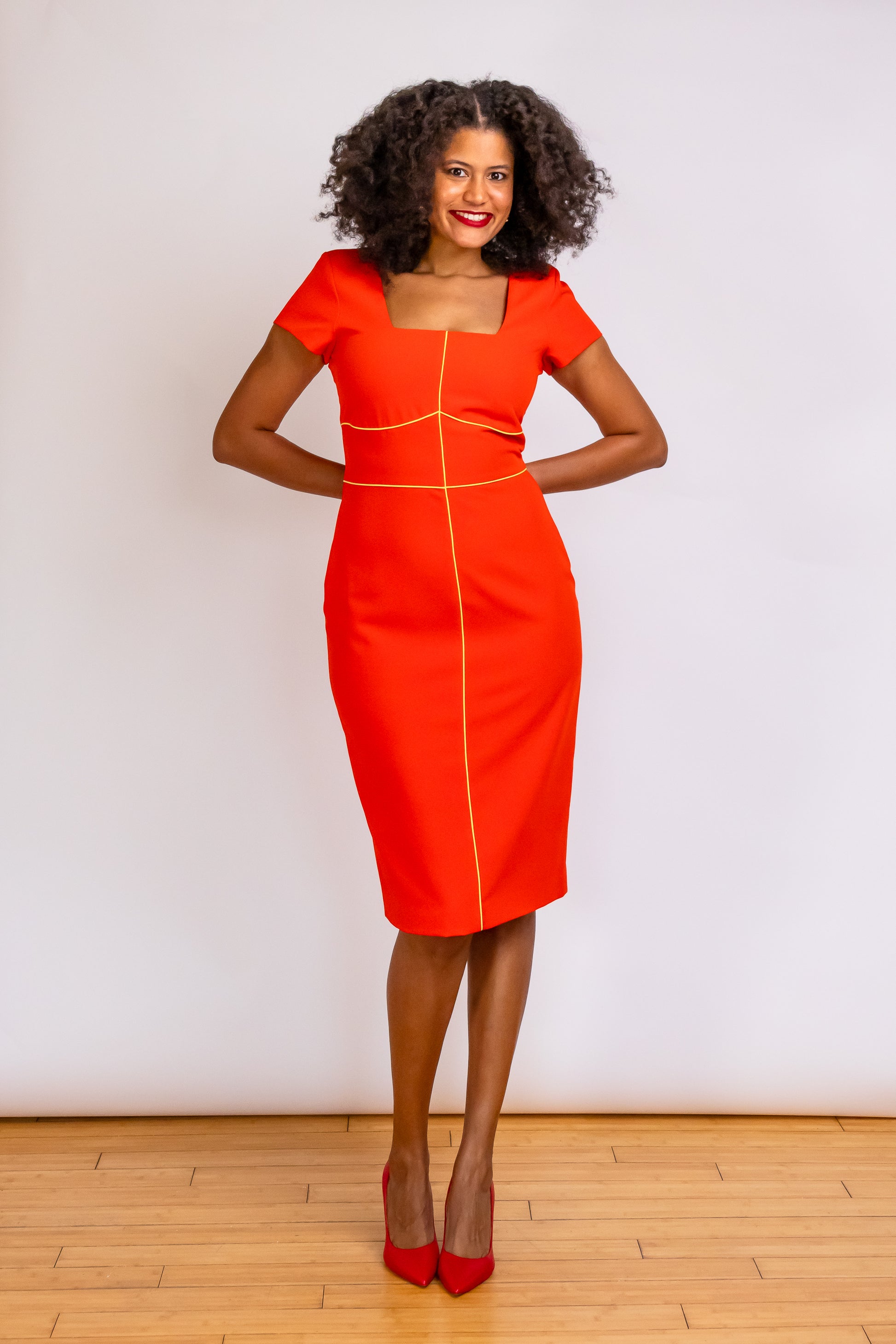 Robyn Bandele Beijing Tall Piping Detail Sheath Dress in Vibrant Red