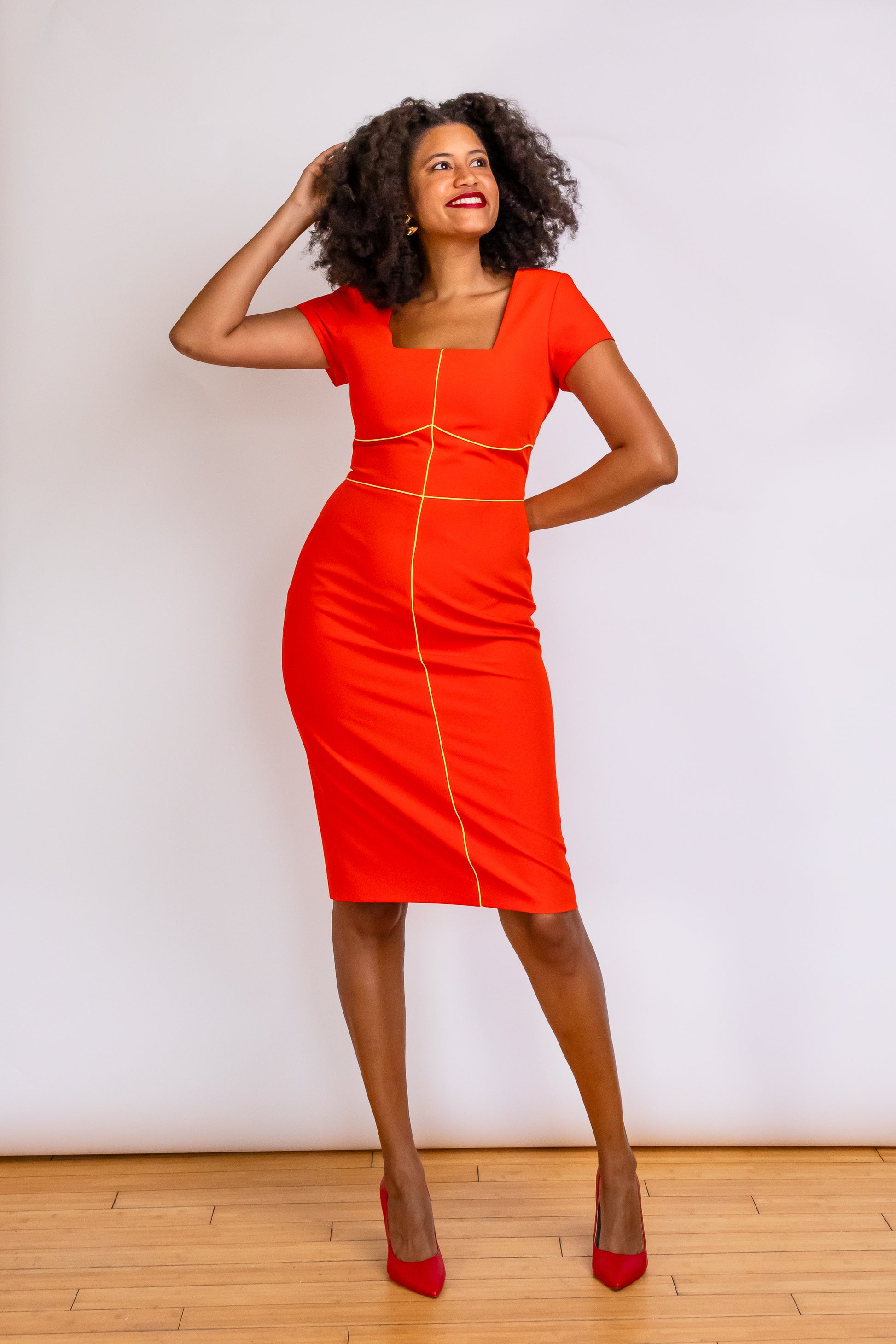 Robyn Bandele Beijing Tall Piping Detail Sheath Dress in Vibrant Red