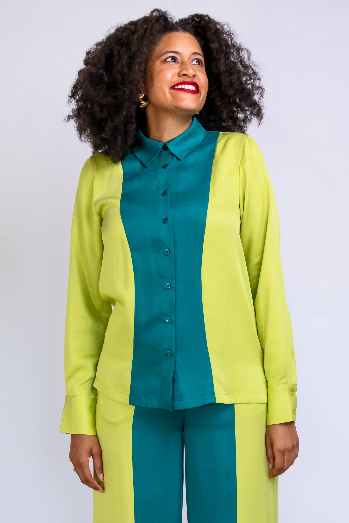London Two-Tone Button-Down Shirt, professional long sleeve shirt for tall women.