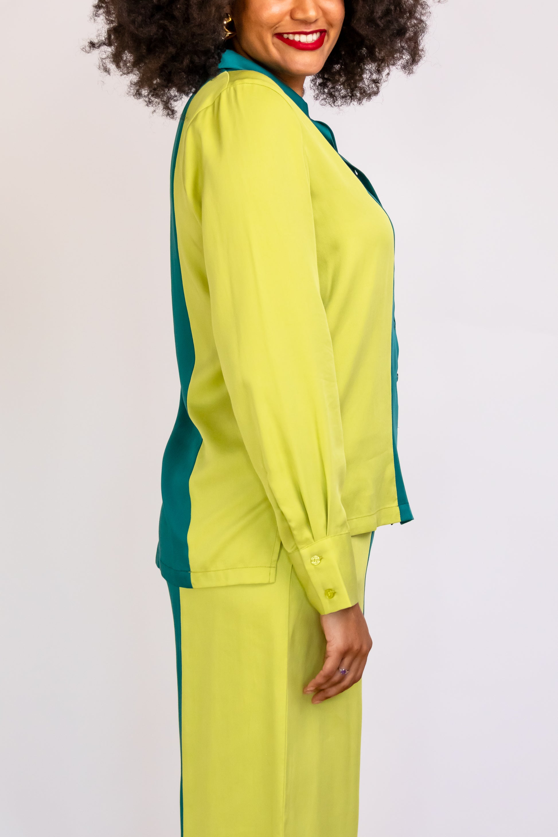 London Two-Tone Button-Down Shirt with extra long body and sleeves for tall women.