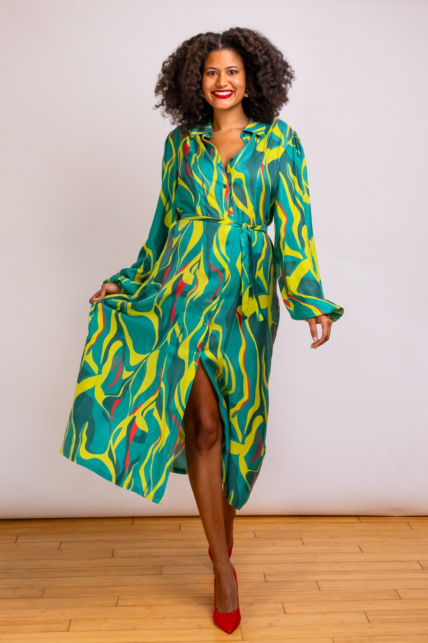 Denver Abstract Printed Midi-length Shirt Dress. Adjust the buttons for modest style or show some leg.