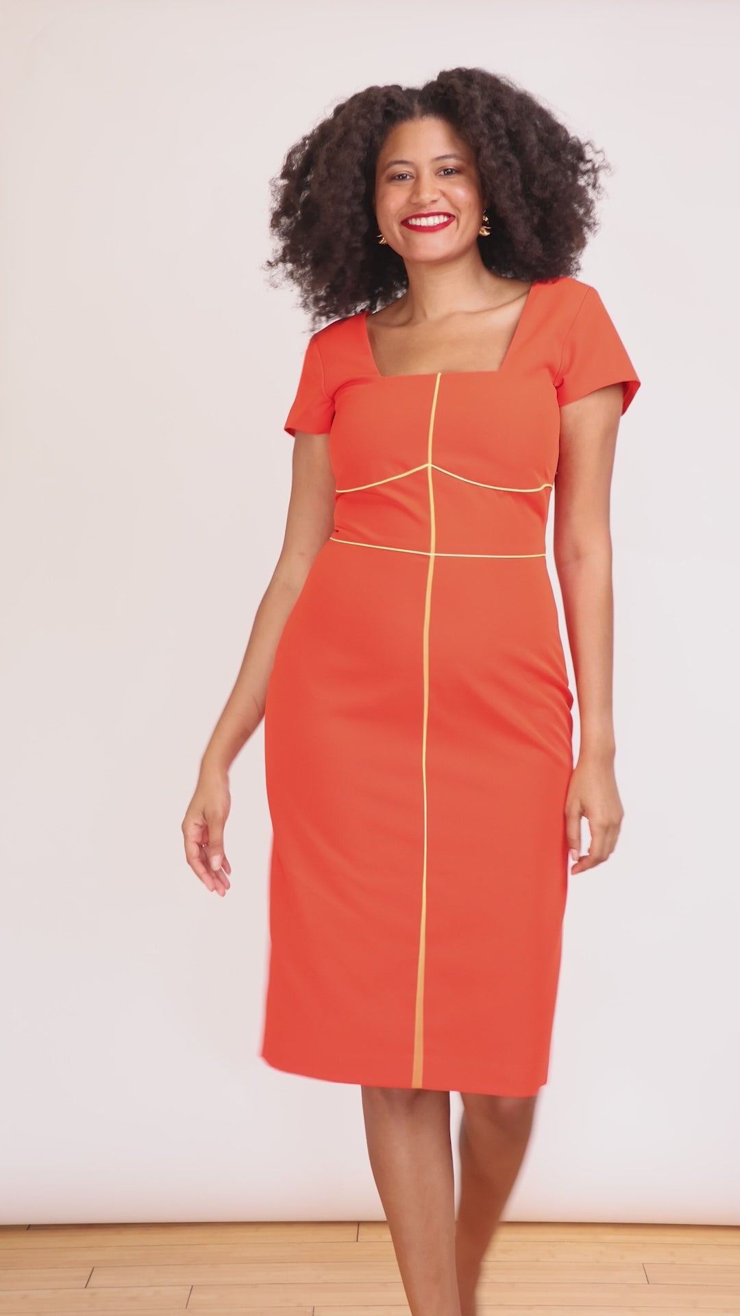 Model video of Beijing Tall Piping Detail Sheath Dress in vibrant red.