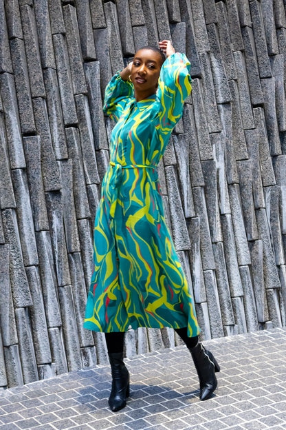 Briy, 6'2", wears the Robyn Bandele abstract printed Denver shirt dress, made for tall women.