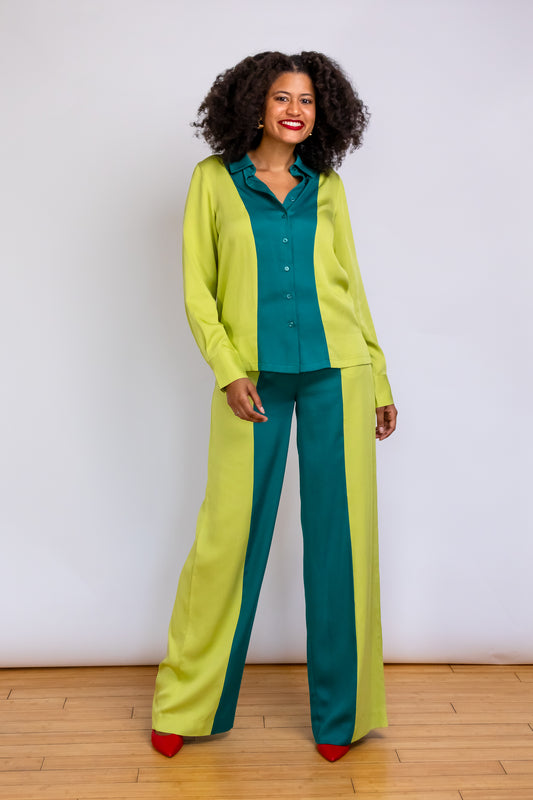 London Two-Tone Button-Down Shirt features color blocking of jungle green and chartreuse.