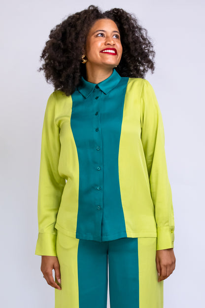 London Two-Tone Button-Down Shirt, professional long sleeve shirt for tall women. 