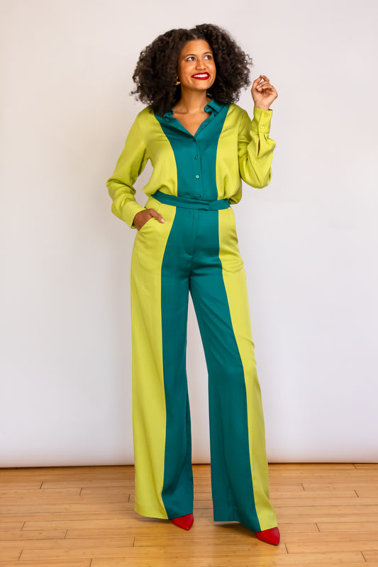 London Two-Tone Wide Leg Pants feature colorblocking of jungle green and chartreuse.
