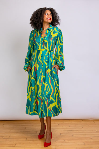 Denver Abstract Printed Midi-length Shirt Dress in green and chartreuse.