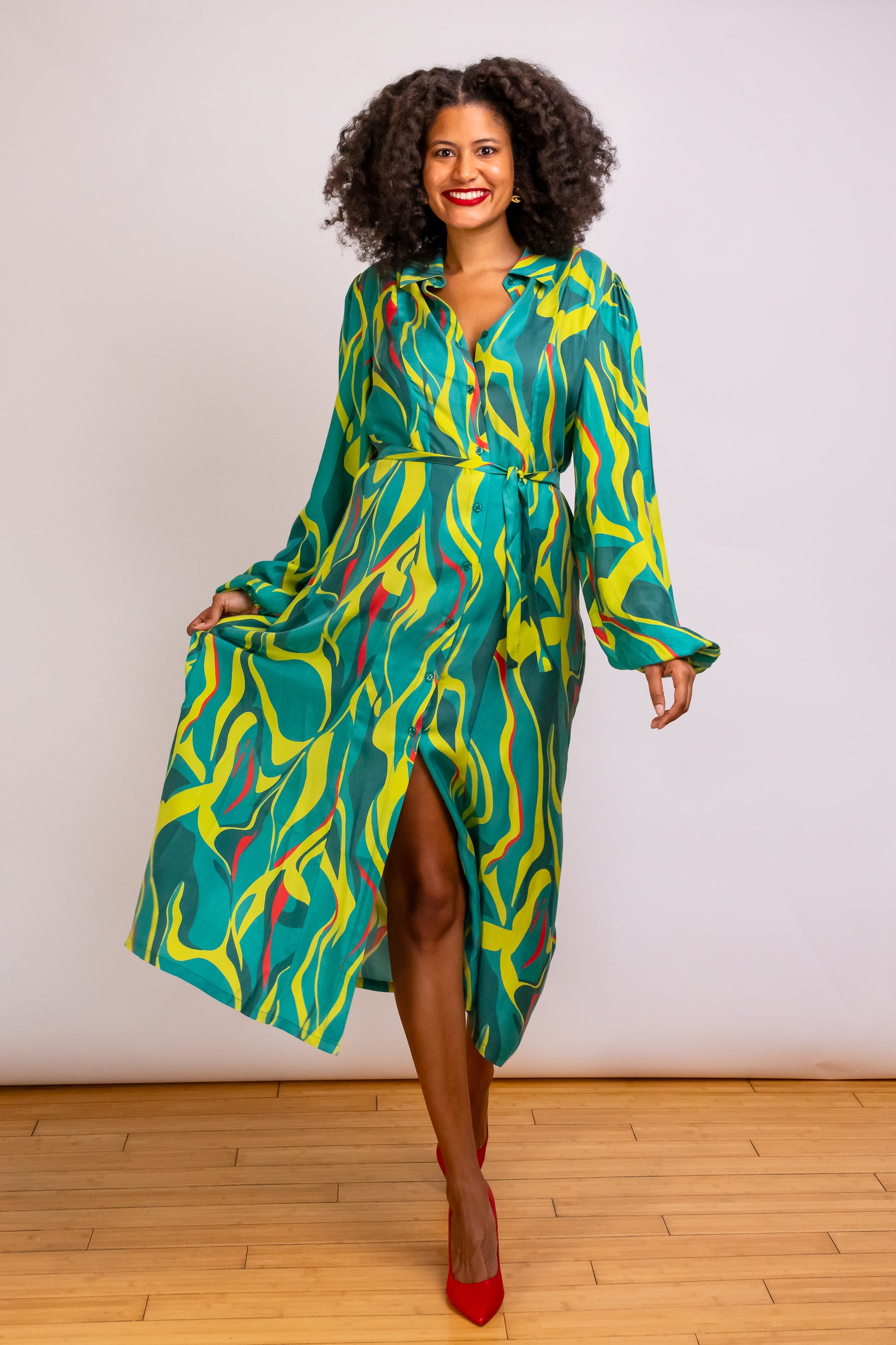 Denver Abstract Printed Midi-length Shirt Dress. Adjust the buttons for modest style or show some leg. 