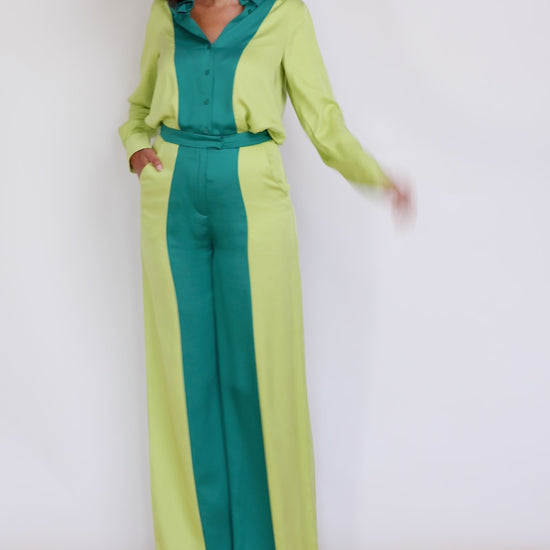 London Two-Tone Wide Leg Pants feature colorblocking of jungle green and chartreuse worn with matching shirt for a modern workwear set.